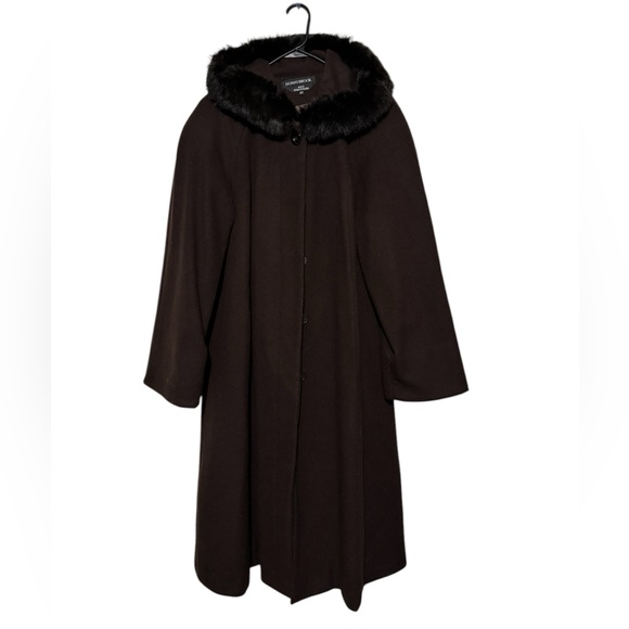 Donny Brook Vintage Wool Rabbit Fur Brown Hooded Trench Coat Size 12 Petite‎ - Picture 1 of 6